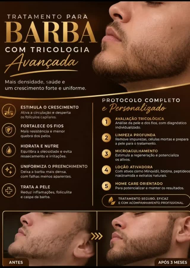 Protocolo de tratamento para barba com tricologia avançada, com antes e após 3 meses
